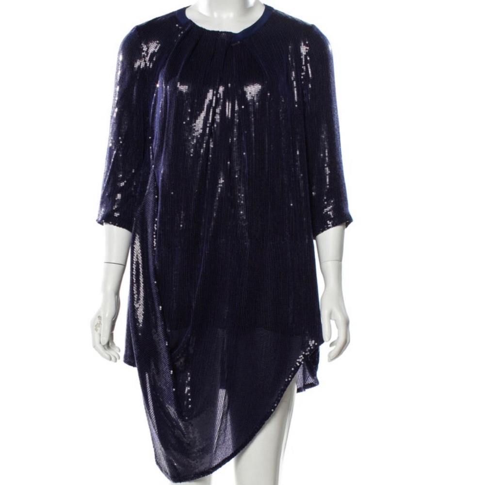 - Lafayette 148 silk all over sequins navy blue dress slanted hem